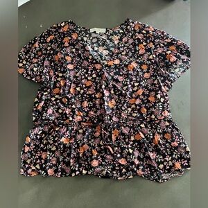 LOFT Women’s Black Short Sleeve Floral Peplum Blouse, size XXL